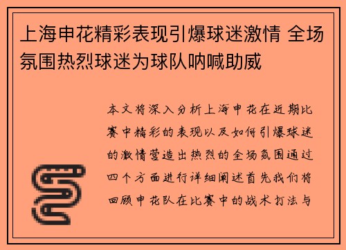 上海申花精彩表现引爆球迷激情 全场氛围热烈球迷为球队呐喊助威