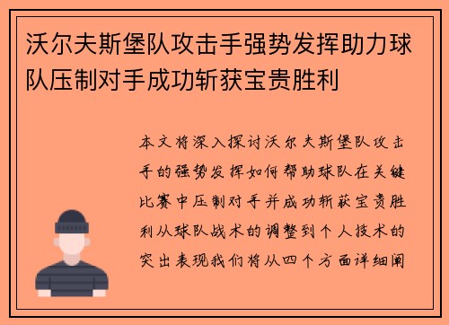 沃尔夫斯堡队攻击手强势发挥助力球队压制对手成功斩获宝贵胜利