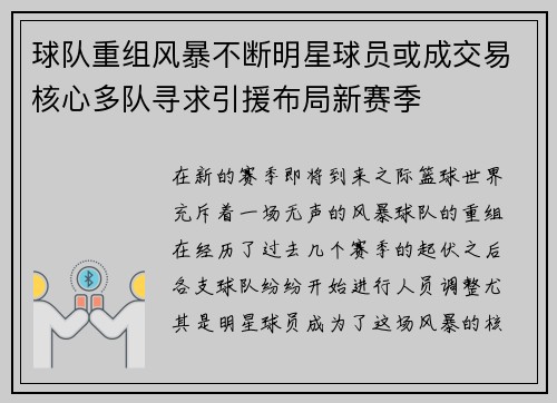 球队重组风暴不断明星球员或成交易核心多队寻求引援布局新赛季