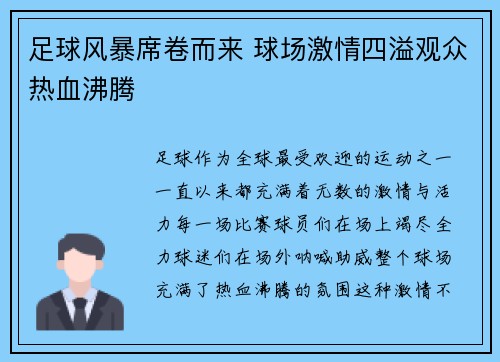 足球风暴席卷而来 球场激情四溢观众热血沸腾