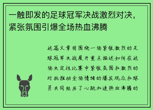 一触即发的足球冠军决战激烈对决，紧张氛围引爆全场热血沸腾