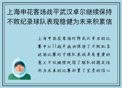 上海申花客场战平武汉卓尔继续保持不败纪录球队表现稳健为未来积累信心